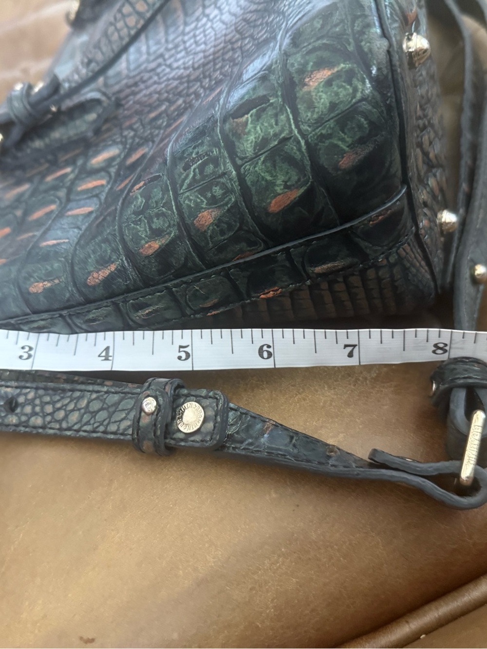 Brahmin Metallic Green Croc Embossed Leather Satchel Crossbody Purse Mini Asher - Picture 5 of 12